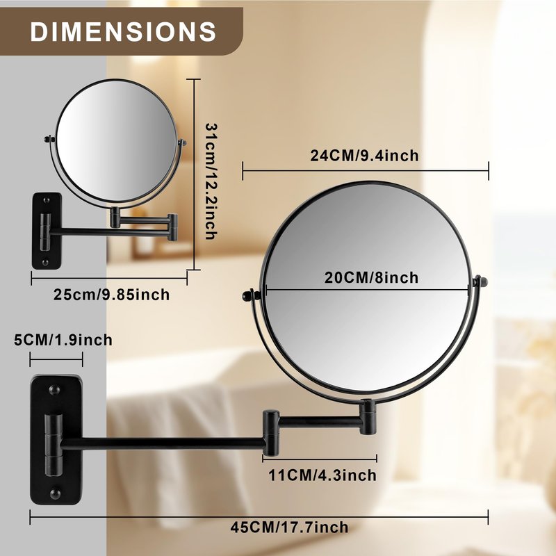 JANEEVA 8" Wall Mounted Makeup Mirror, 1X/10X Magnifying Mirror with 360° Extendable Arm, Double Sided Bathroom Vanity Mirror for Man & Woman (Matte Black)