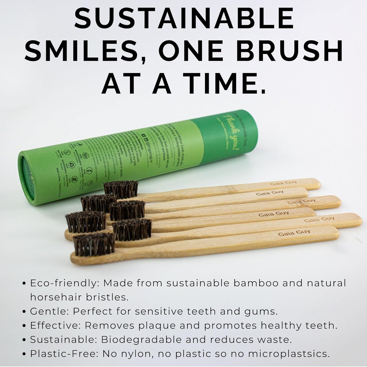 Gaia Guy Bamboo Toothbrush - Soft Natural Bristle, Biodegradable & Compostable | 6-Pack