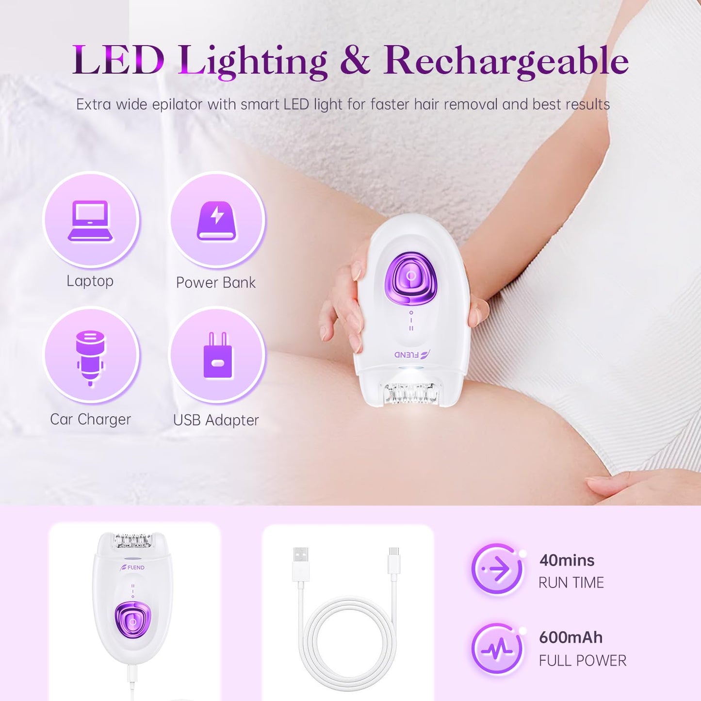 Epilator,Epilators Hair Removal for Women, 2 in 1 Hair Removal Device with LED Light & USB Rechargeable, Electric Shaver for Legs,Underarms,Bikini and Full Body, Purple
