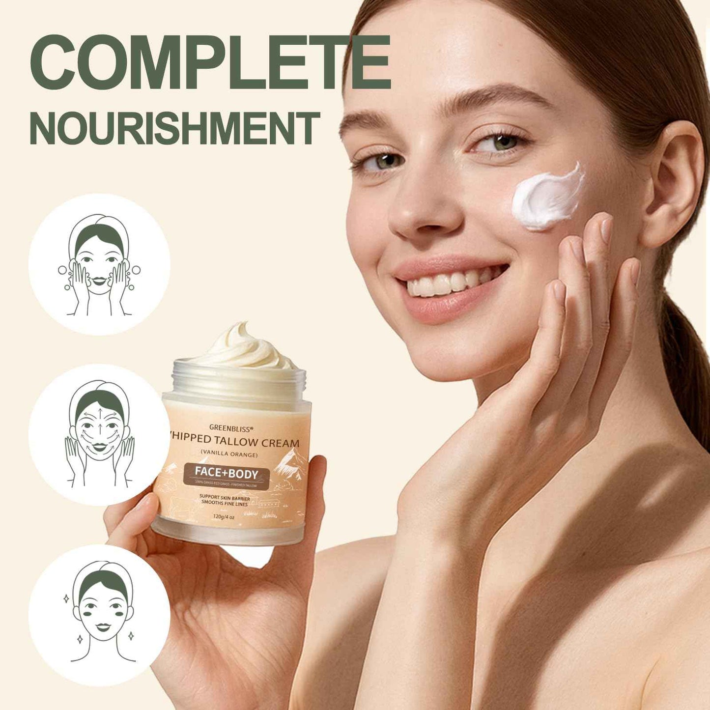 GreenBliss Beef Tallow for Skin Care 100% Organic Grass Fed tallow and honey balm - Face + Body, Whipped Moisturizer for Sensitive Skin, Natural Deep Hydration, Sensitive Skin Safe, 120G/4 FL. oz.