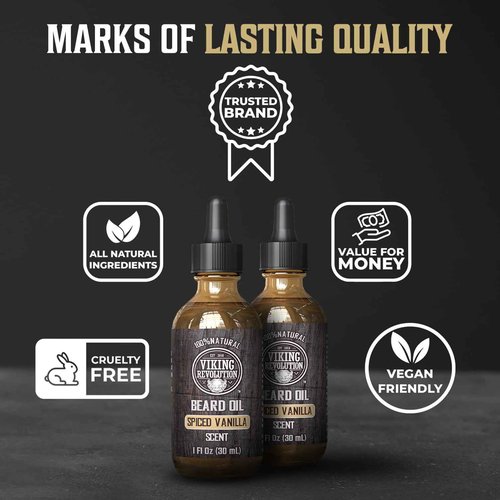 Viking Revolution Beard Oil for Men - All Natural Beard Oil Spiced Vanilla Scent with Argan Oil & Jojoba Oil Beard Conditioner and Softener - Strengthens Beards and Mustaches for Men (2 Pack)