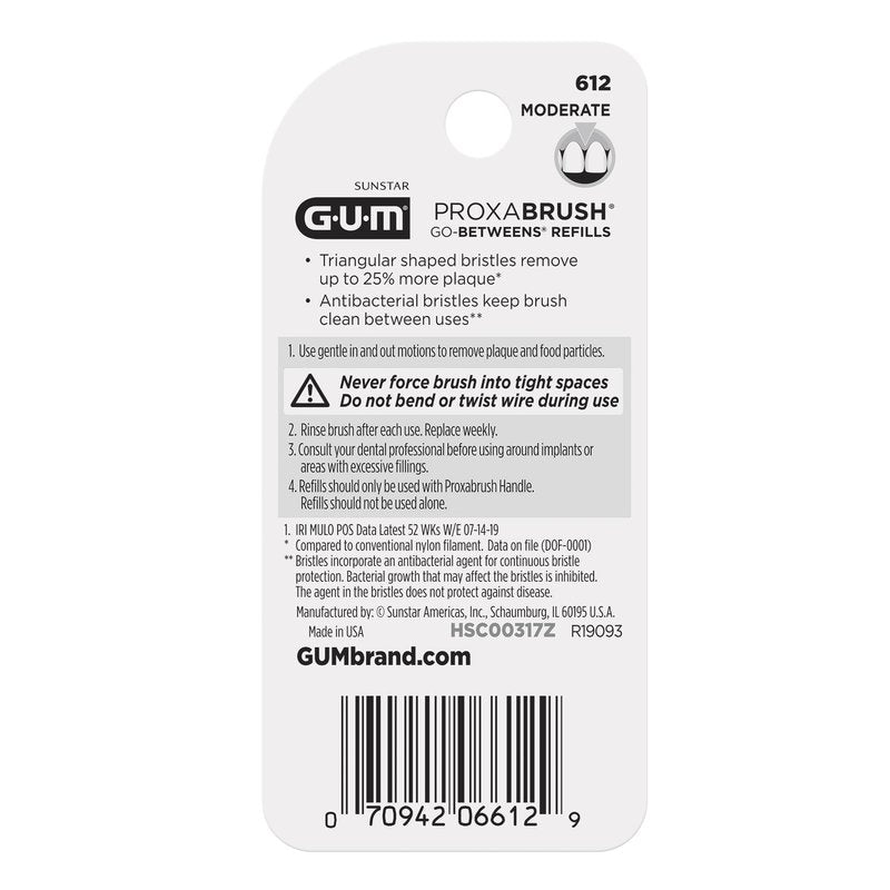 GUM Proxabrush Go-Betweens Moderate Refills – Compatible with GUM Permanent Handle, Soft Bristle Interdental Brushes for Plaque Removal, Gum Health & Braces Care, 8 Count (Pack of 6)