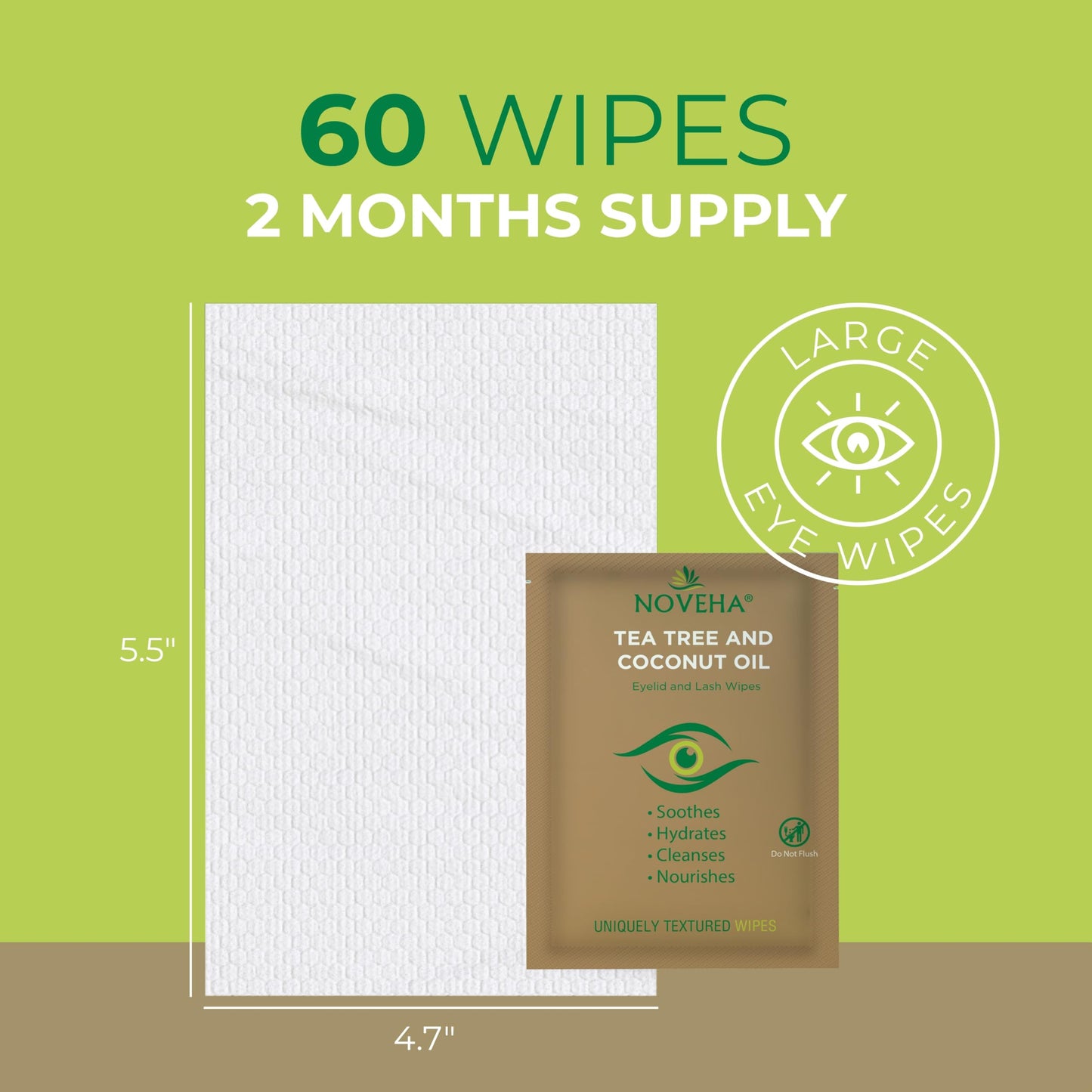 NOVEHA 120PCs Tea Tree & Coconut Oil Eyelid & Lash Wipes - For Demodex, Blepharitis & Itchy Eyes, Individually Wrapped Eyelash Wipes With Aloe Vera, Natural Makeup Remover & Daily Eye Cleanser - 2pack