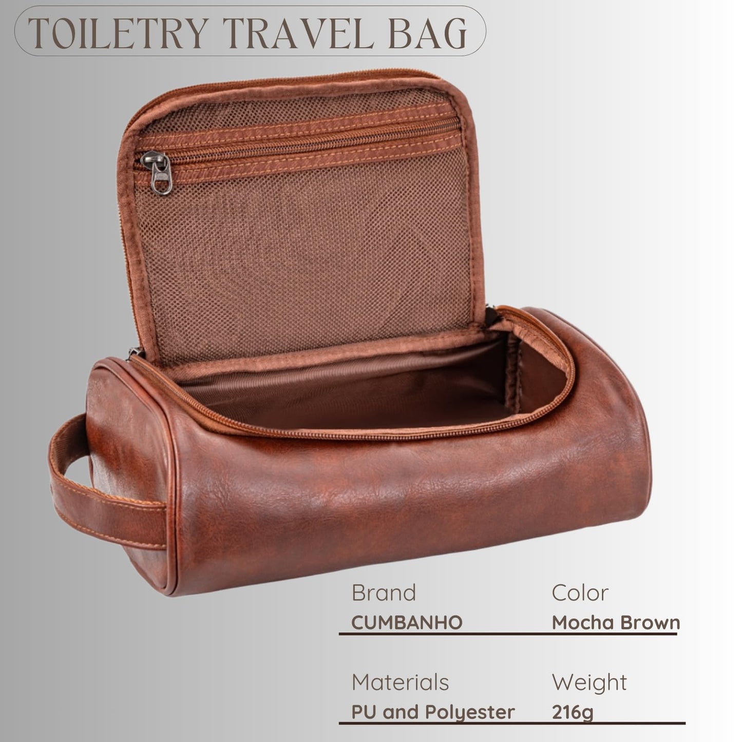 Cumbanho Mens Toiletry Bag,Compact Dopp Kit for Men Travel, PU Leather Shaving Kit, Water-Resistant Minimalist Organizer with Wrist Strap, Travel Toiletry Bag, Gift for Men,Large 10x6.5x4 Mocha Brown