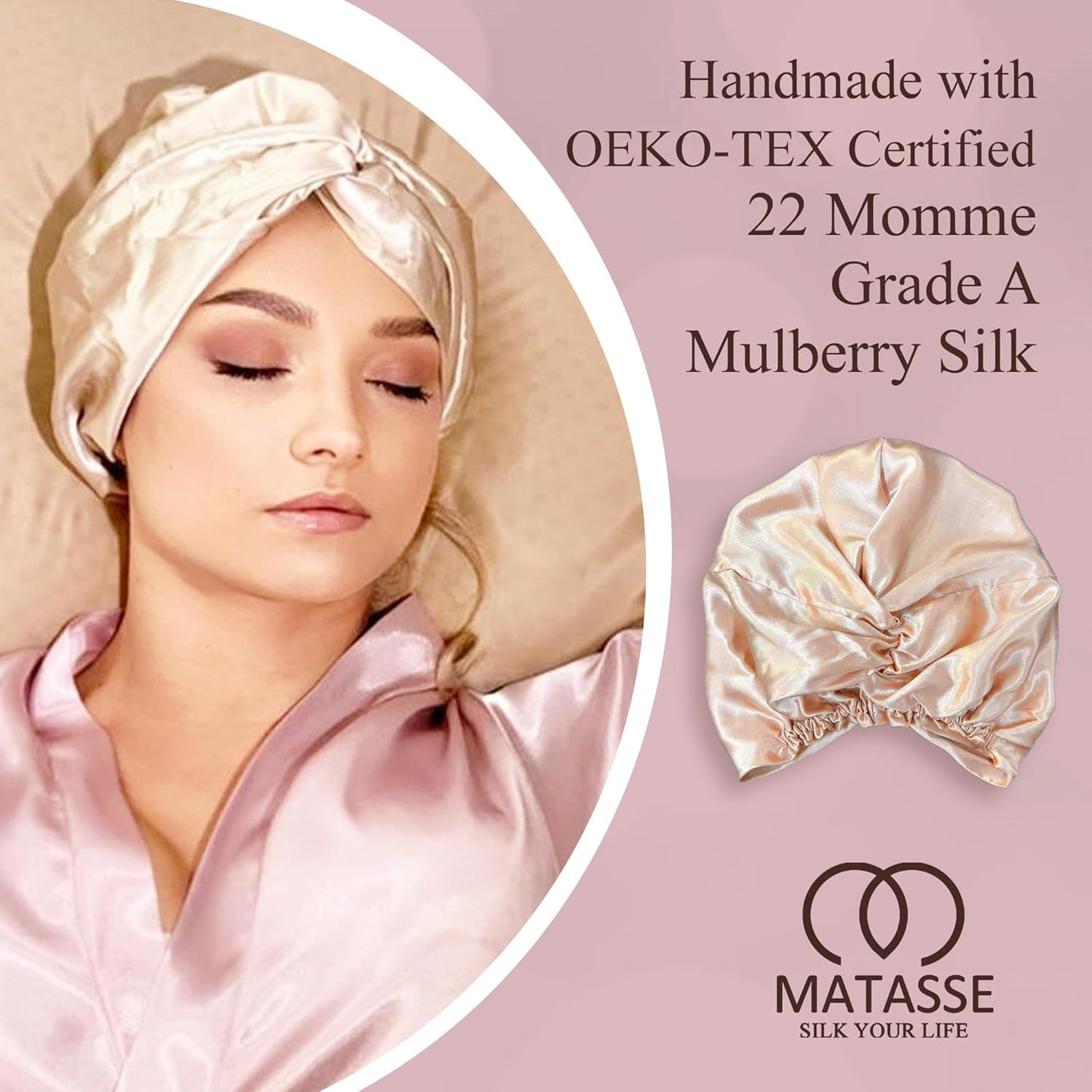 MATASSE 22 Momme Mulberry Silk Hair Bonnet - Grade 6A, Premium Elastic for Comfortable Sleep