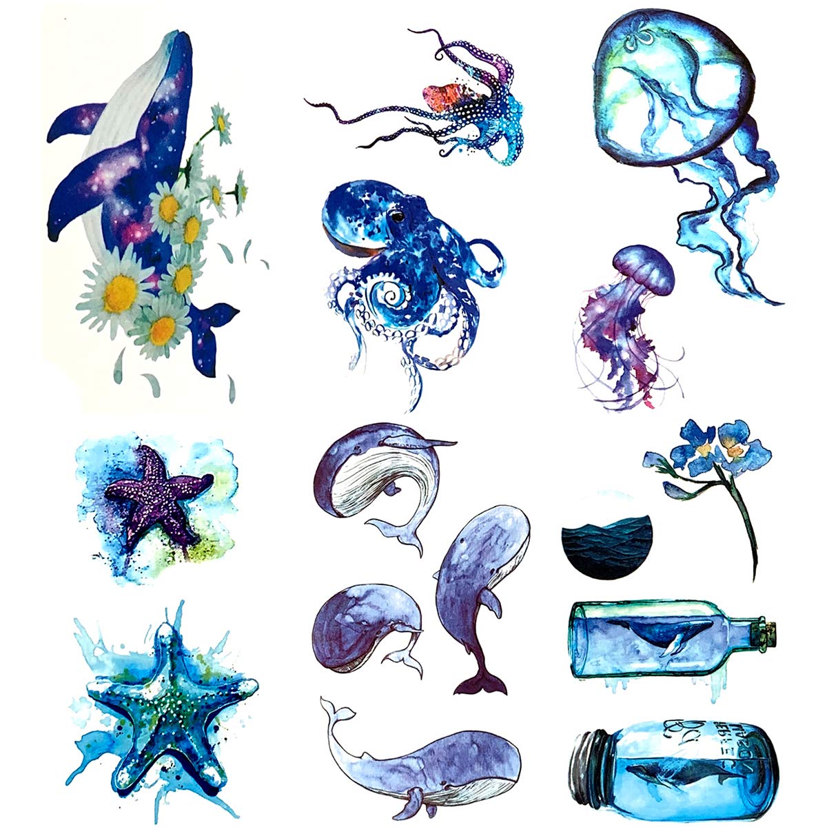 Oottati 6 Sheets Watercolor Ocean Temporary Tattoos for Women, Octopus Jellyfish Starfish Whale Daisy Flower Bottle Fake Tattoo Stickers, Waterproof Long Lasting Body Art for Arm Back