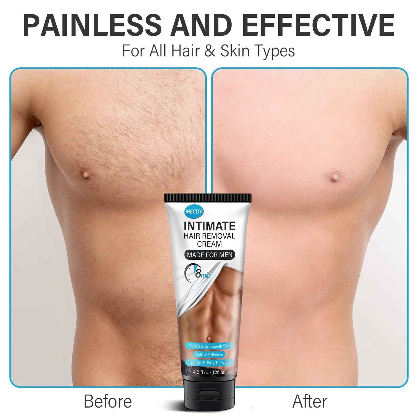 Hair Removal Cream for Men, Hair Remover Body Cream for Unwanted Male Hair, Painless, Flawless Depilatory for Intimate/Private Area, 120ml