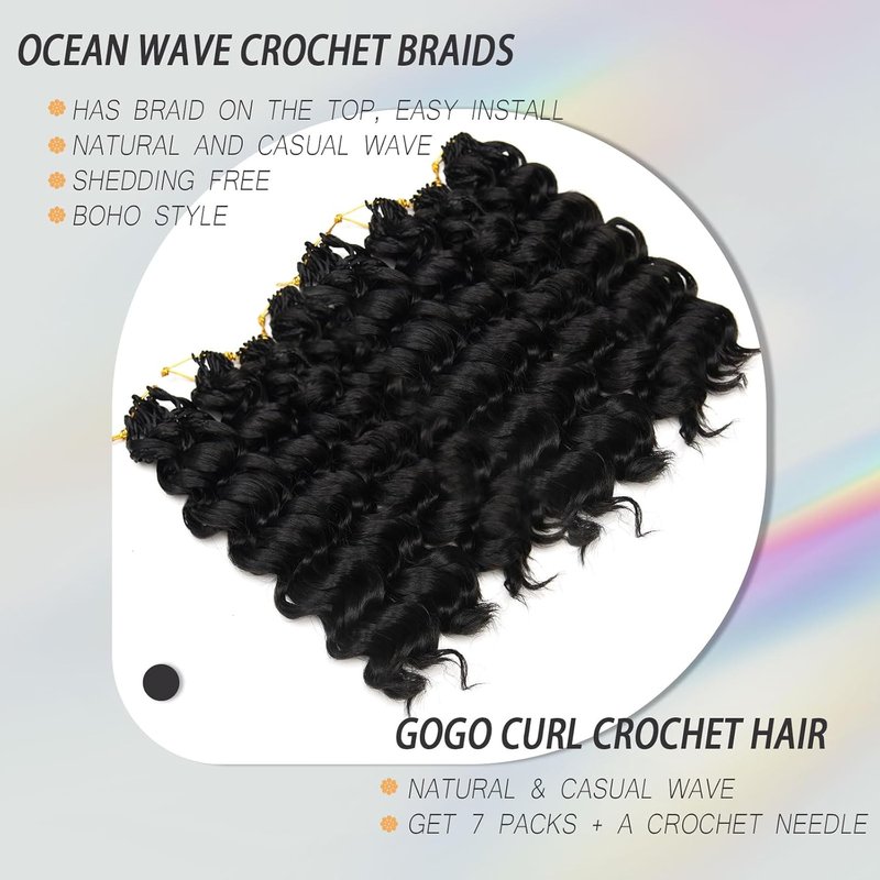 GoGo Curl Crochet Hair - 12 Inch Ocean Wave Braids | Soft Synthetic Extensions for Black Women, 7 Packs, 1B