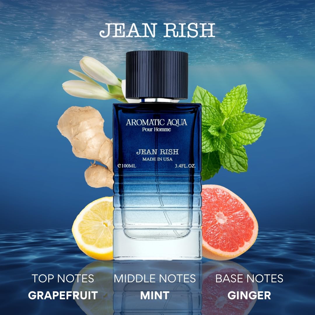 Jean Rish Aromatic Aqua Perfume for Men Eau De Parfum, Long-Lasting Luxury Fragrance, Made In USA - Lemon, Mint, Ginger, Jasmine, Sandalwood Scent - 100ml / 3.4 oz