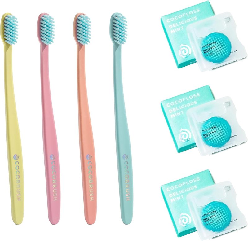 Cocofloss Oral-Care Set - Delicious Mint Dental Floss & Ultra-Soft Toothbrush | 3 Spools & 4 Cocobrushes