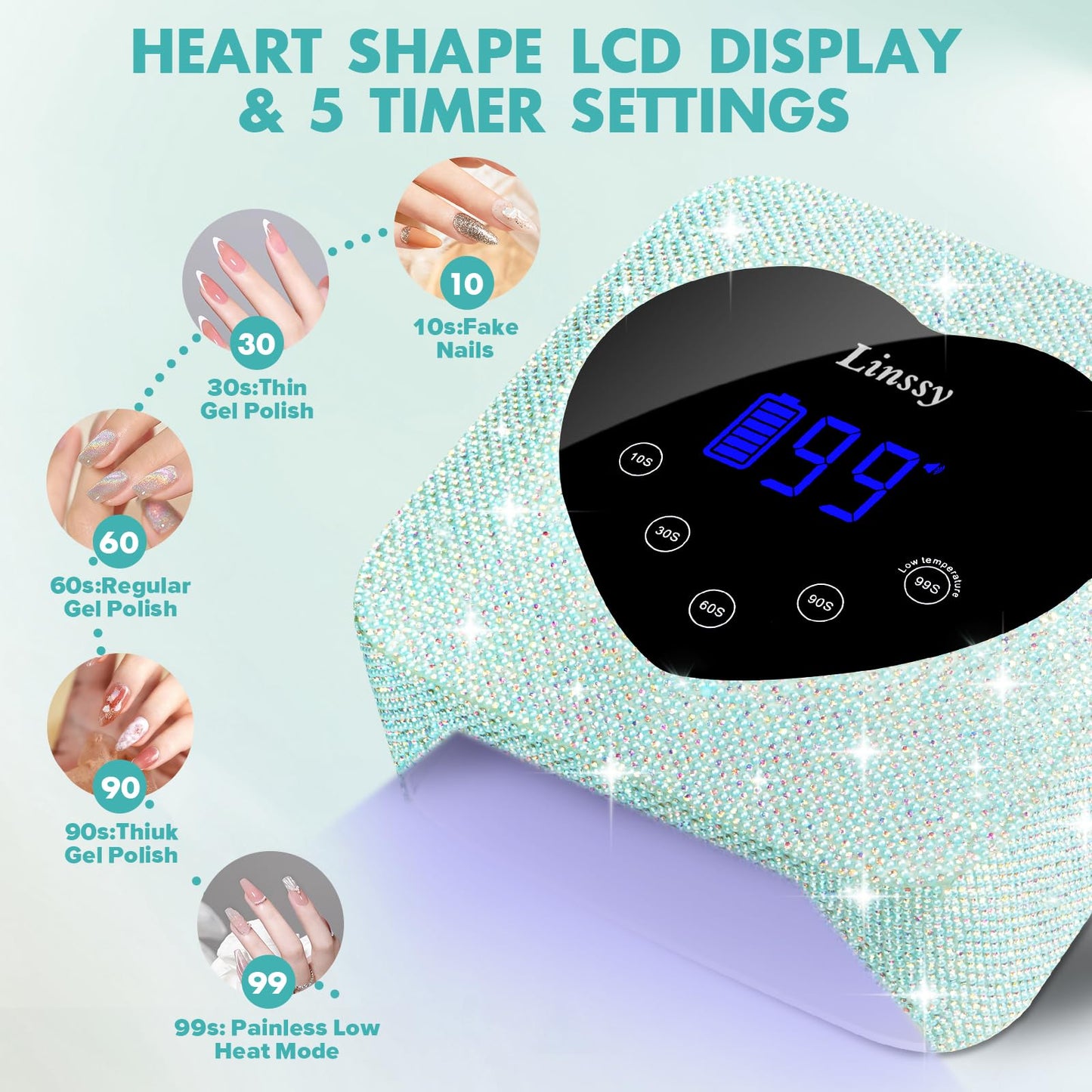 Linssy UV Nail Lamp, 72W Cordless Nail Lamp Nail Dryer with 5 Timer Settings, Large Heart Shape Smart LCD Screen with Touch Control UV Light for Nails, Professional LED Nail Lamp (Diamond)