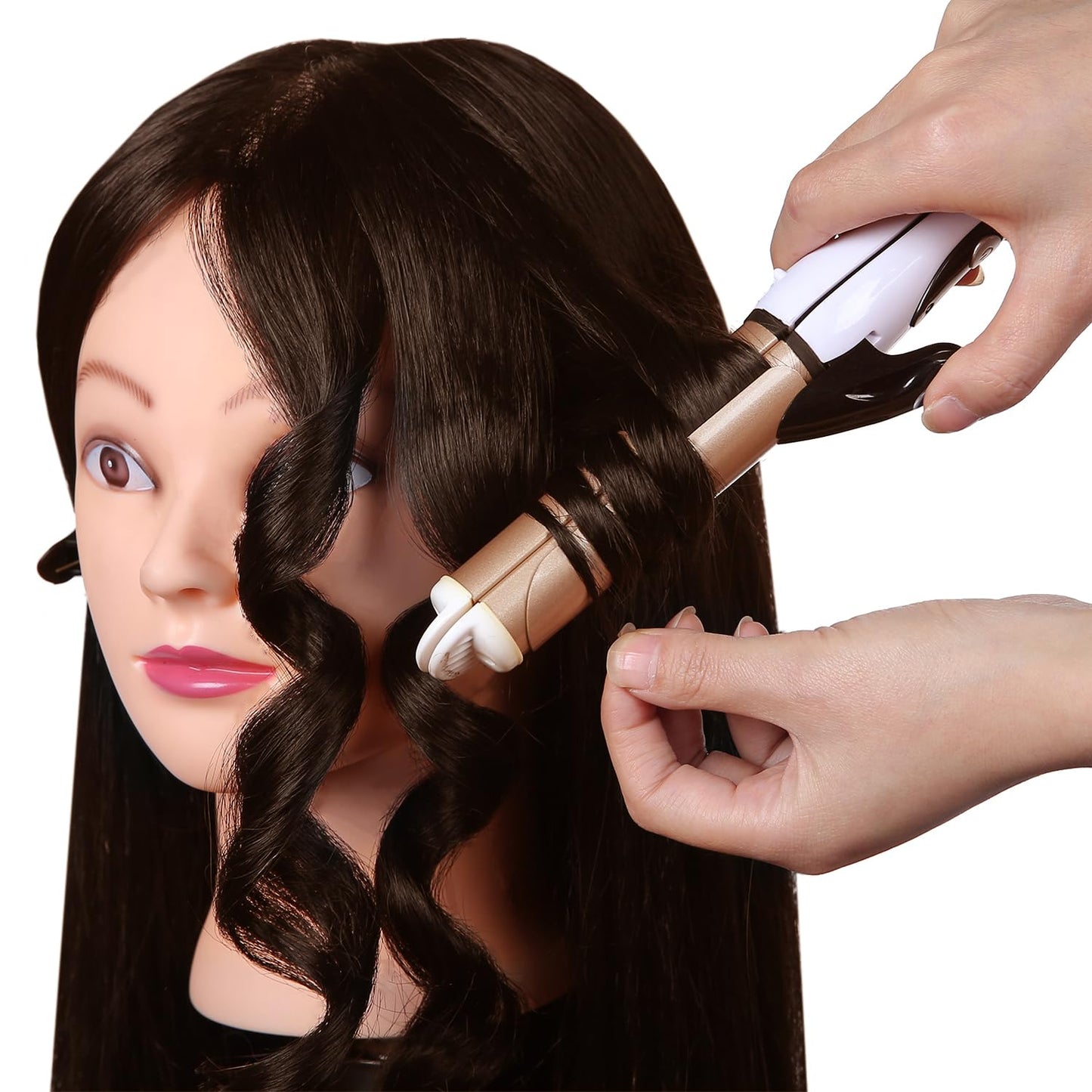 26"-28" Long Hair Mannequin Head with 60% Real Hair, Hairdresser Practice Training Head Cosmetology Manikin Doll Head with 9 Tools and Clamp - #4 Brown, Makeup On