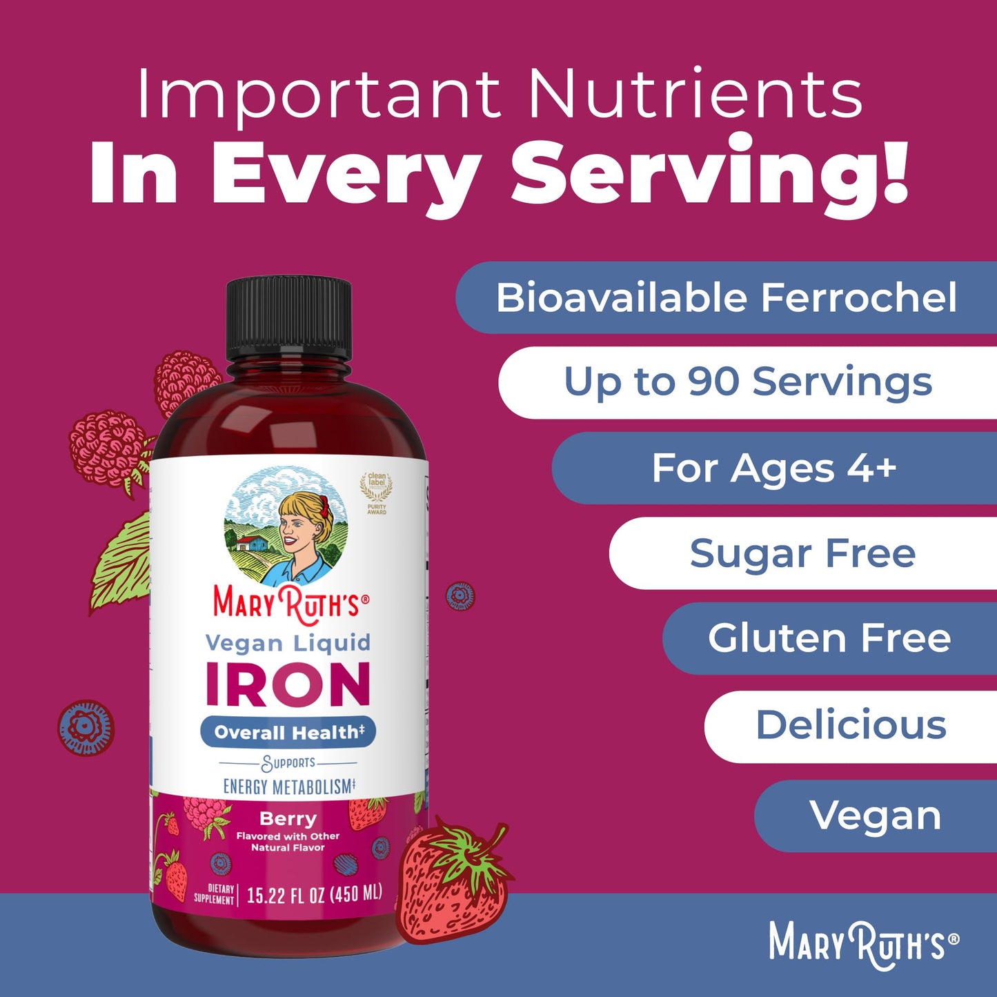 Iron Supplement for Women Men & Kids | Liquid Iron Supplement for Women Men & Kids | Iron for Healthy Blood & Oxygen | Ages 4 & Up | Sugar Free | Vegan | Non-GMO | Gluten Free | 16 Fl Oz