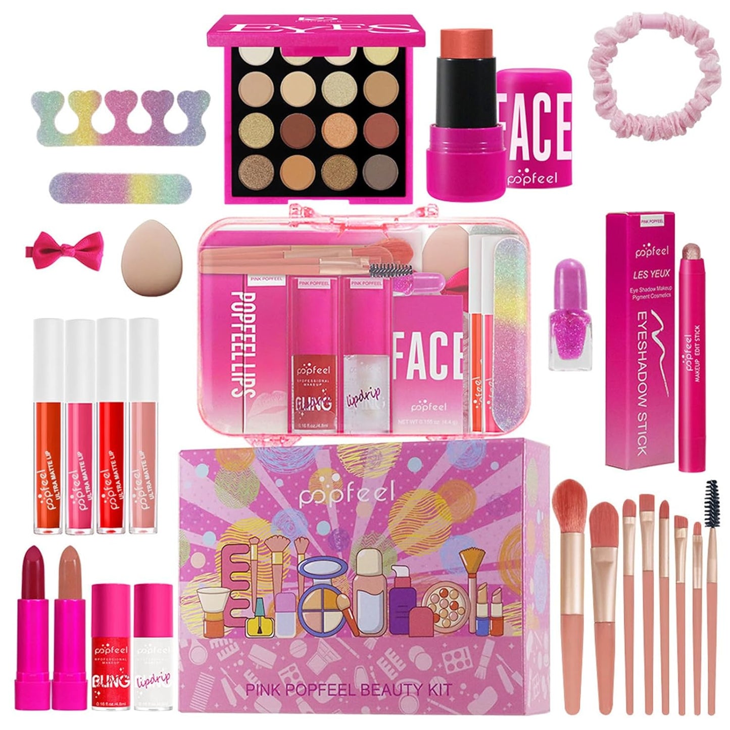 All-in-One Makeup Kit for Women - Hot Pink Essential Bundle with Eyeshadow, Lipstick, Blush & Foundation | Perfect Mother's Day Gift