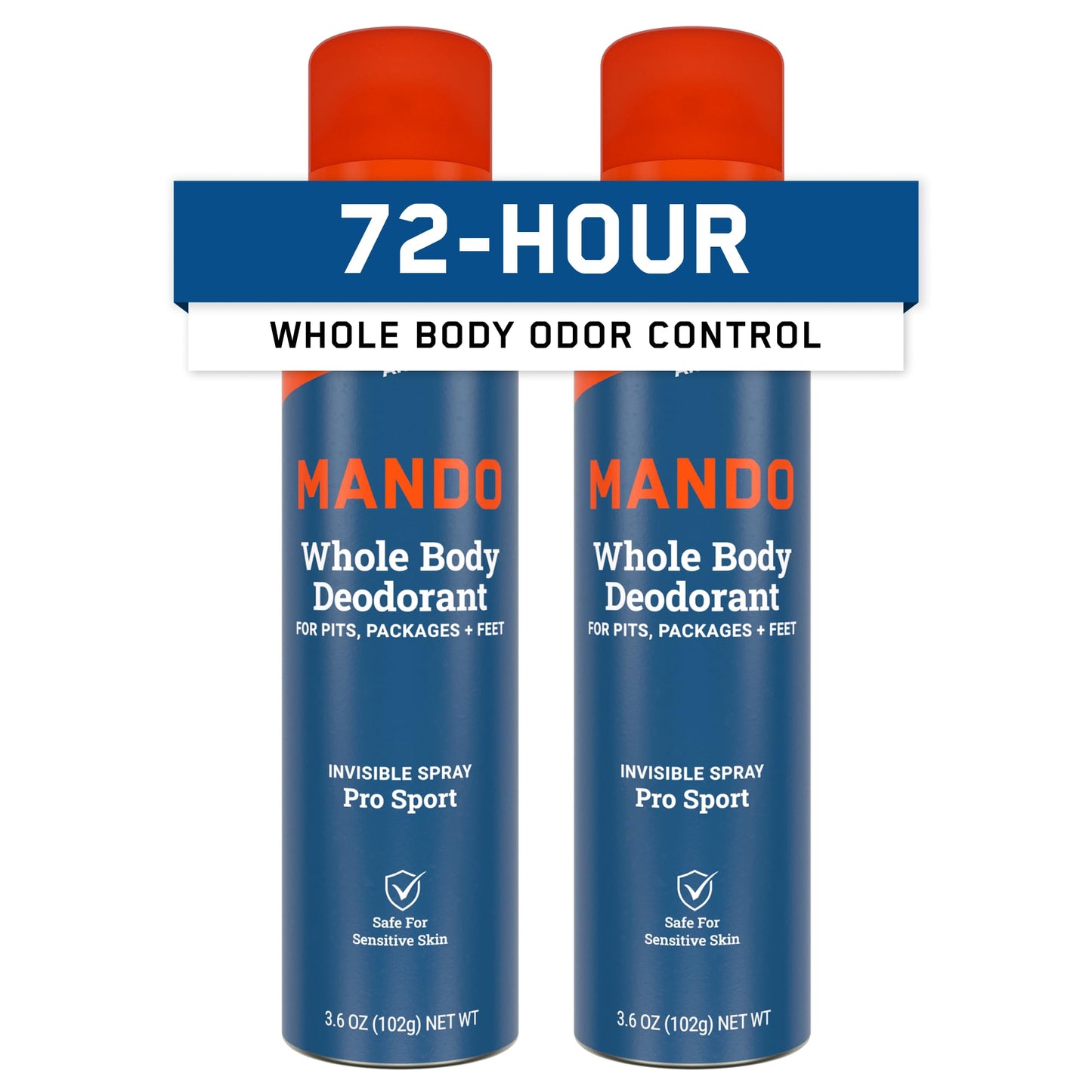 Mando Whole Body Deodorant For Men - Invisible Spray Deodorant - 72 Hour Odor Control - Low Irritation Formula - Aluminum Free, Benzene Free - 2 pack of 3.6 ounce Cans - Pro Sport