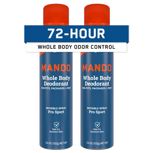 Mando Whole Body Deodorant For Men - Invisible Spray Deodorant - 72 Hour Odor Control - Low Irritation Formula - Aluminum Free, Benzene Free - 2 pack of 3.6 ounce Cans - Pro Sport