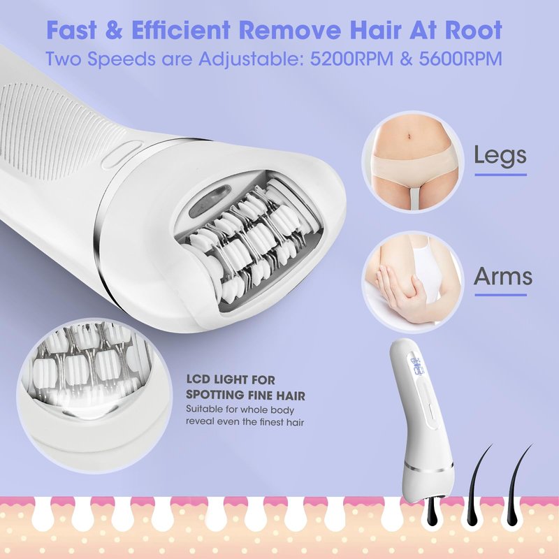 Qreeyx Epilator for Women, 7 in 1 Epilator Hair Removal for Women, Shaver, Bikini, Face Razor, Facial Brush, Face Massage and Body Exfoliator, Waterproof Painless Lady Shaver (White 227)