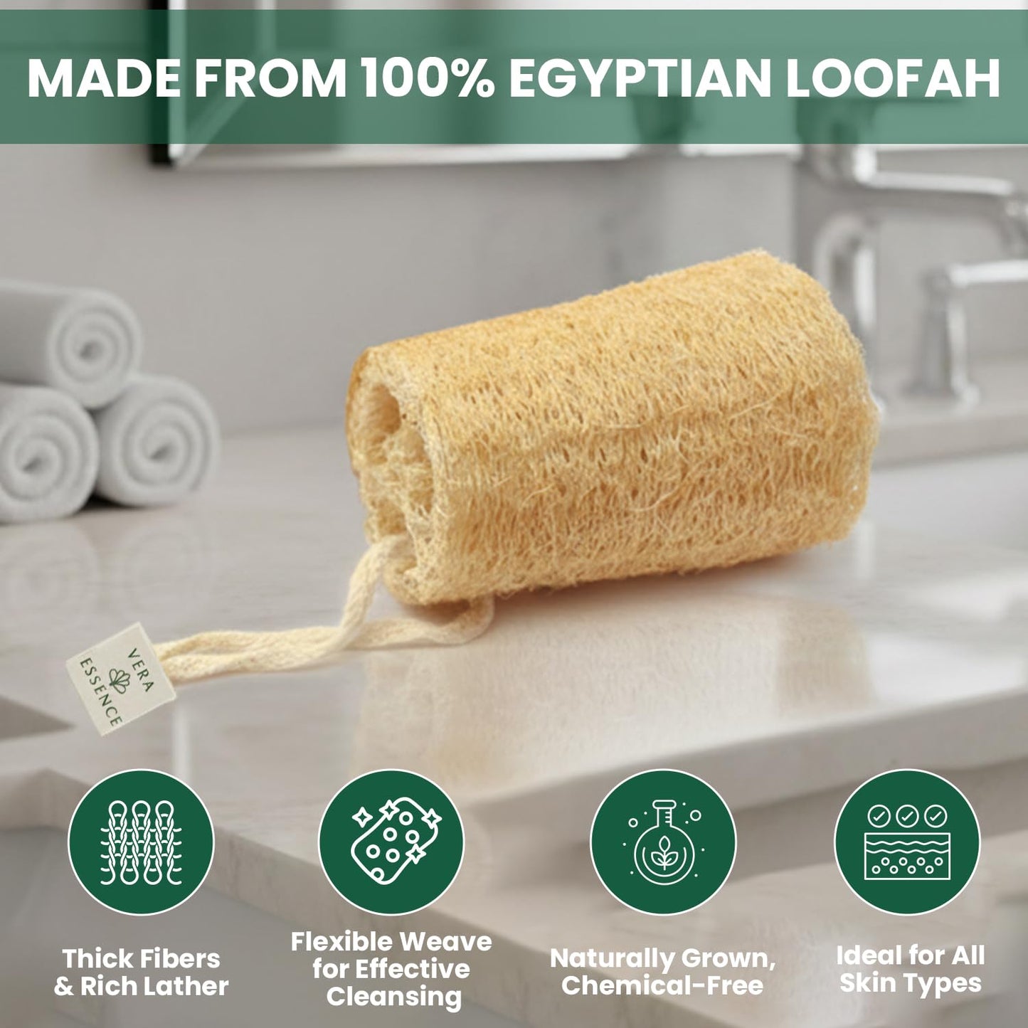 Vera Essence Natural Egyptian Loofah Sponge (Pack of 4) – Organic Bath Luffa for Gentle Exfoliating, Deep Cleansing & Smooth Skin, Natural Shower Sponge for Women & Men