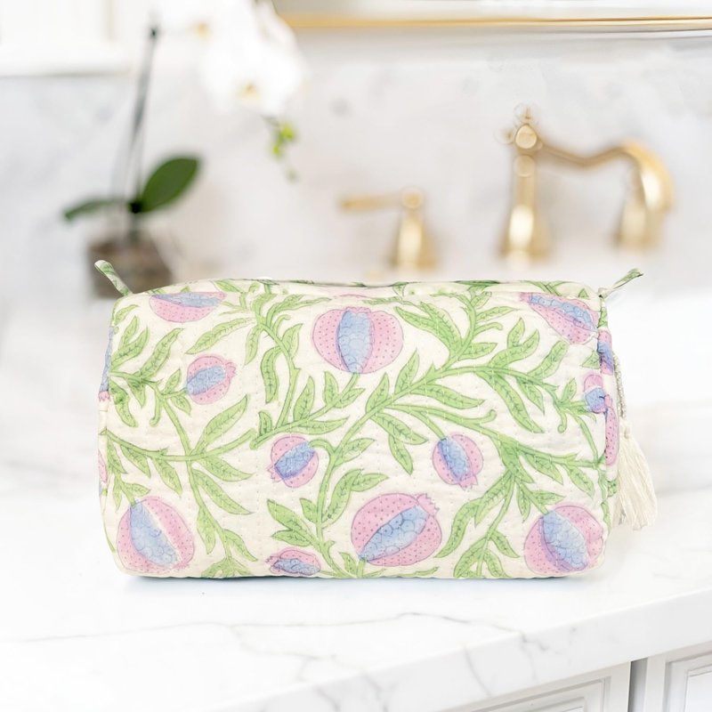 Palmetto Home Block Print Makeup Bag & Toiletry Pouch – Quilted Cotton Cosmetic Bag for Travel, Artisan Handmade Organizer for Women, Giftable (Boho Pomegranate)