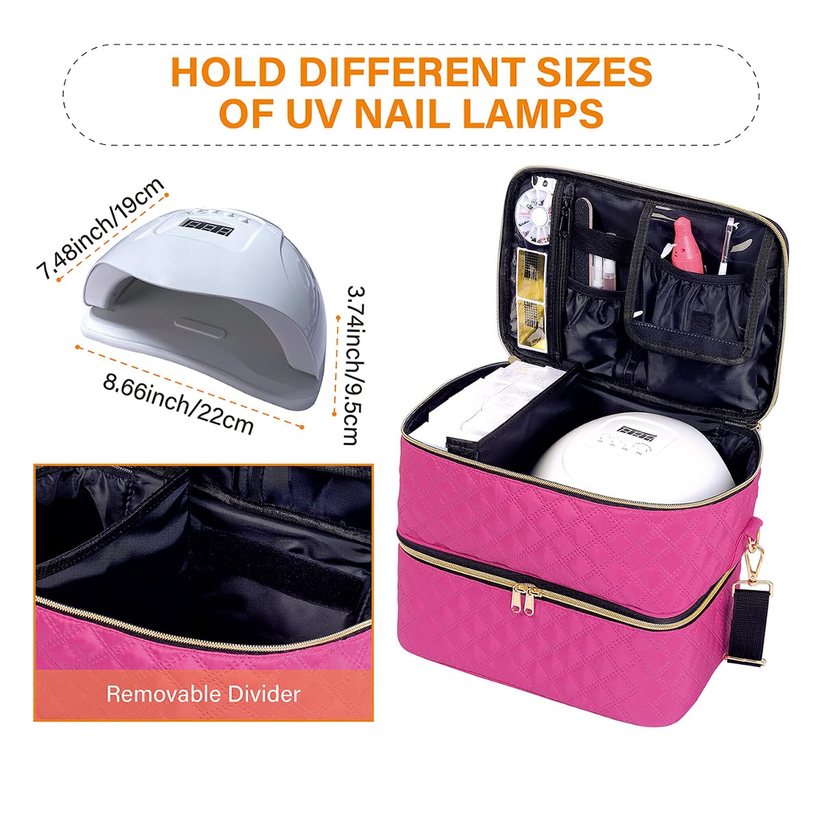 UOZL Nail Polish Organizer Case Holds 40 Bottles(15ml/0.5fl.oz) and Nail Lamp, Double Layer Nail Polish Storage with Adjustable Dividers,Portable Carrying Bag for Nail Kit, Manicure Tools Rose Red