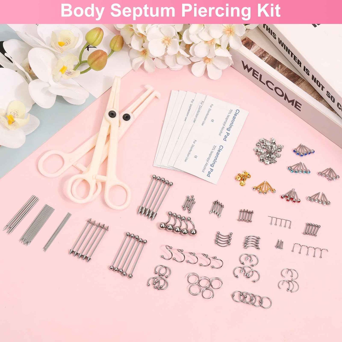 164PCS Body Septum Piercing Kit with 14G/16G/18G/20G Piercing Needles Piercing Jewelry and Tools for Ear Nose Belly Button Nipple Lip Cartilage Eyebrow Tongue Navel Piercing Kit for All Piercings