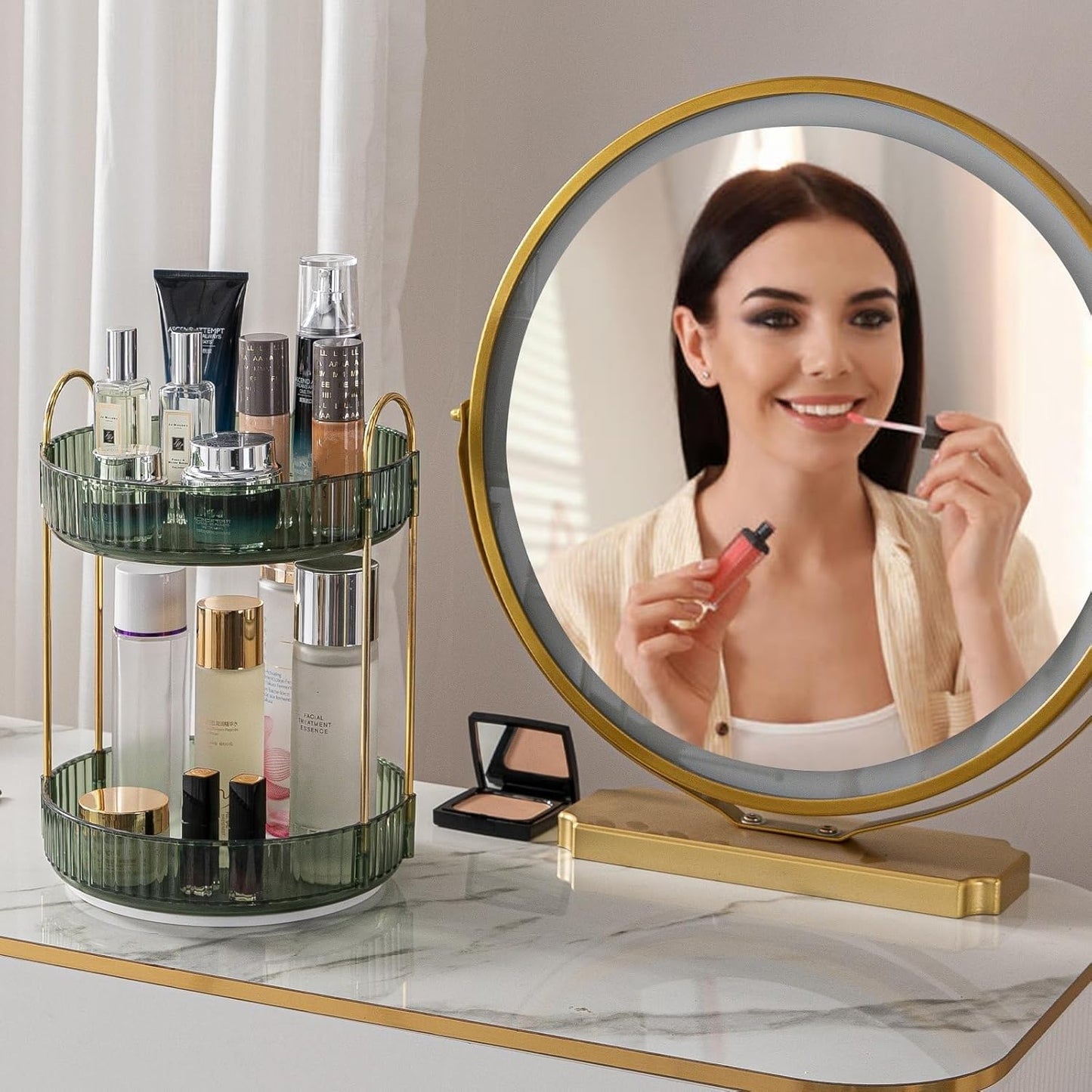 Makeup Organizer for Vanity, 360° Rotating Bathroom Organizer Countertop, High-Capacity Skincare Organizer, Spinning Cosmetics Organizer for Dresser Countertop (2 Tiers, Green)