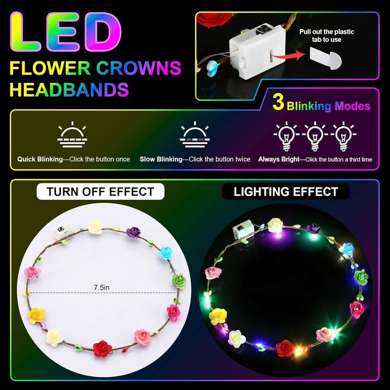 LED Flower Crowns - 54 PCS Light Up Headbands for Women | Glow in the Dark Party Accessories for Weddings, Halloween & Cosplay