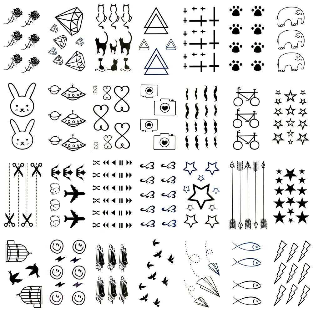 Oottati 30 Sheets Small Cute Temporary Tattoos Kit - Black Foot Print Camera Elephant Star Diamond Cross Bird Cat for Kids Women Men