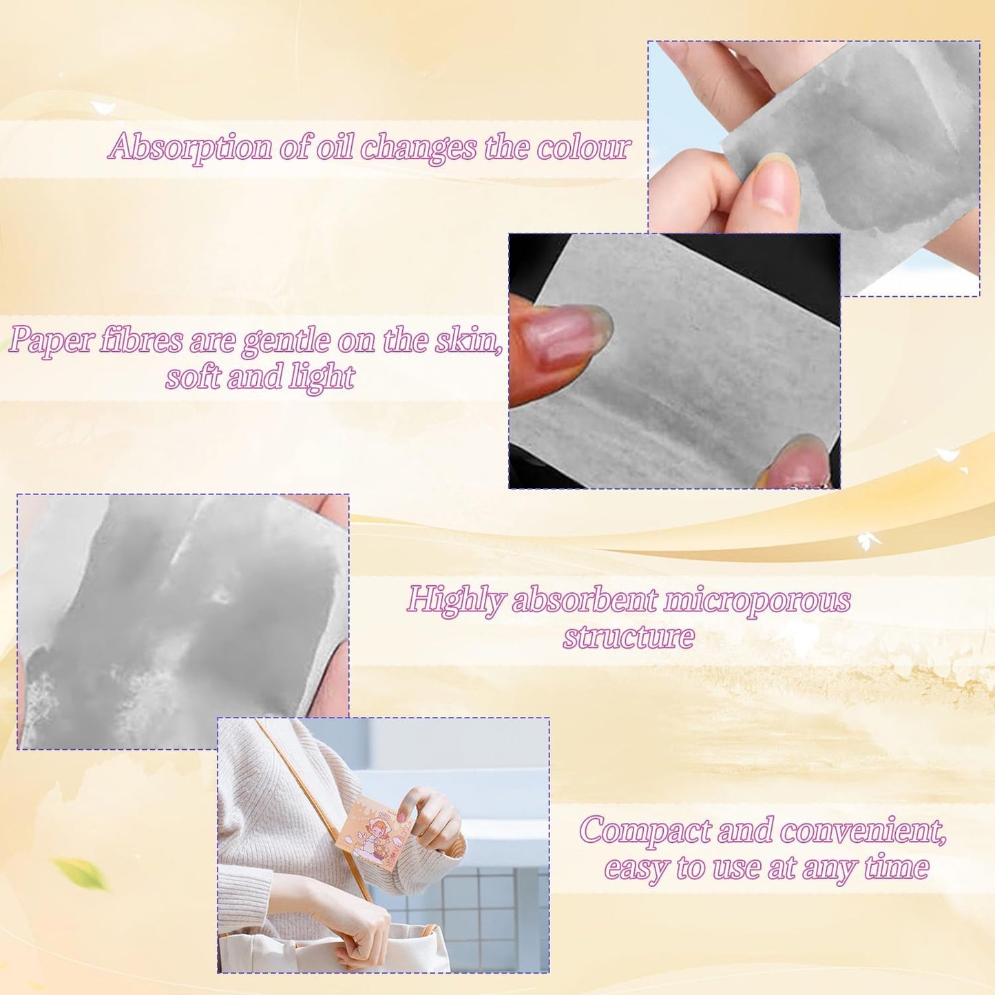 3-in-1 Oil Blotting Paper Set - 100 Sheets for Oily Skin | Portable Mirror & Adhesive Makeup Puff - Yellow