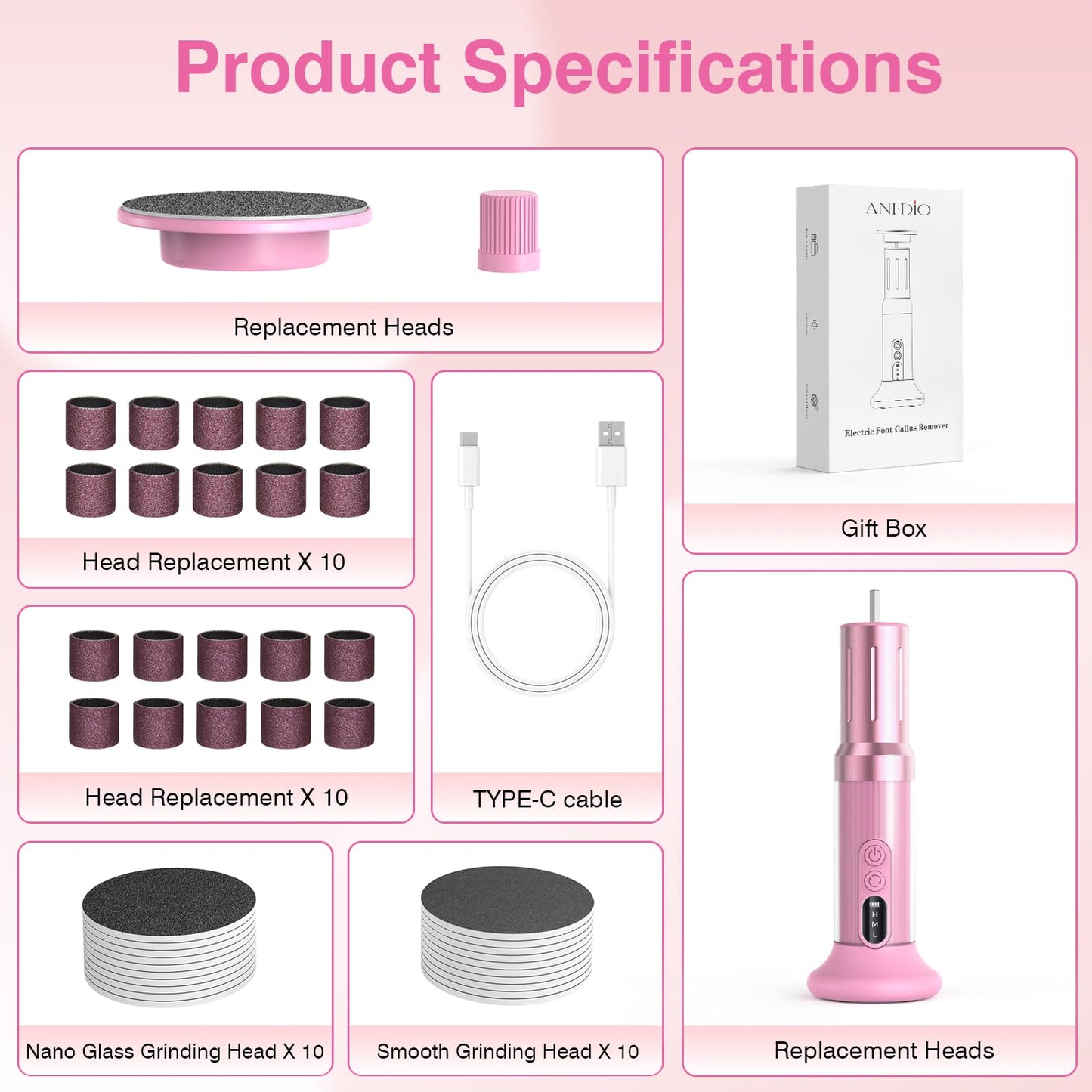ANI·DIO Electric Foot Callus Remover,2 in 1 Cordless Rechargeable Foot File & Nail Sander,6 Adjustable Speeds,40 Sanding Bands, 1200mAh Battery,Ergonomic 5.9" Handle,Travel Essentials (Pink, M)