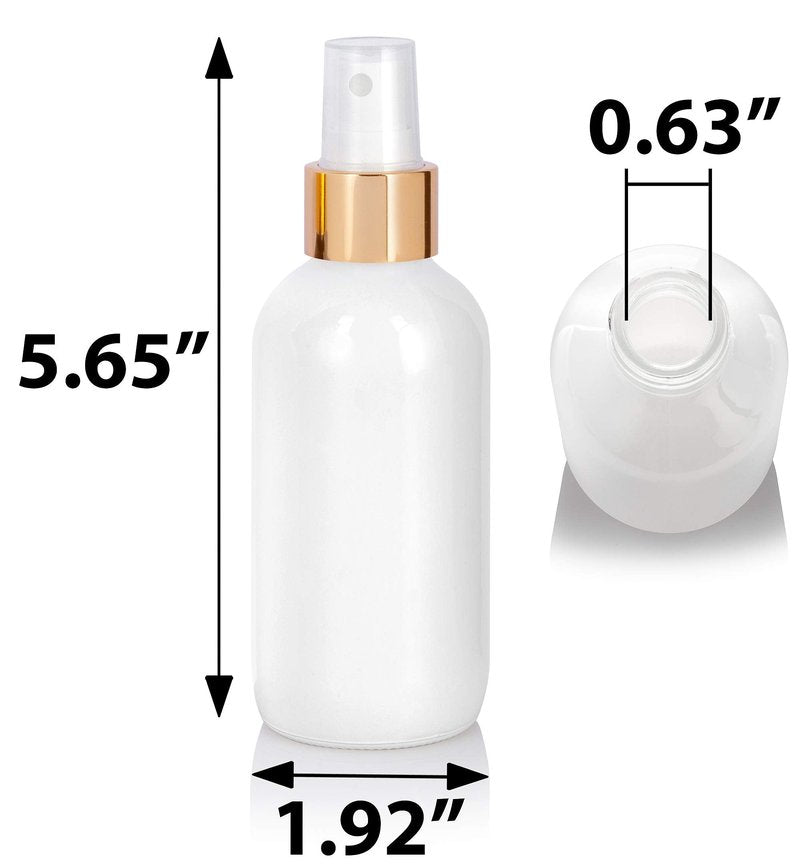 JUVITUS 4 oz / 120 ml High Shine Gloss White Glass Boston Round Bottle with Gold Fine Mist Spray (12 pack)