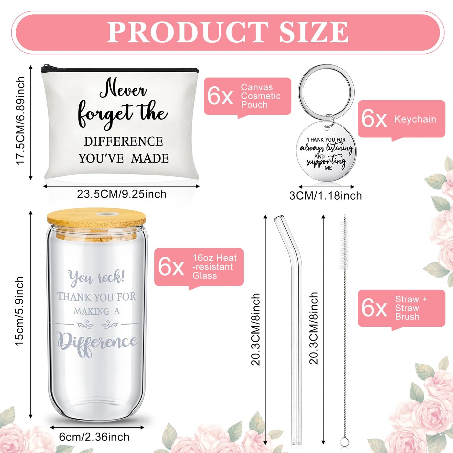 Maxcheck 6 Set 2026 Employee Appreciation Thank You Gifts Bulk Inspirational 16 oz Can Shaped Glass Cups Canvas Bag Keychain for Nurses Coworkers Staff Volunteers Work(Inspirational)