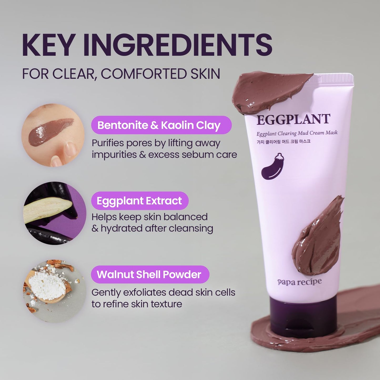 Papa Recipe Eggplant Clearing Mud Cream Mask – Bentonite & Kaolin Clay Face Mask, Deep Pore Purifying, Balancing & Hydrating Skin, Gentle Exfoliating Korean Mud Mask for Sensitive & Acne-Prone Skin