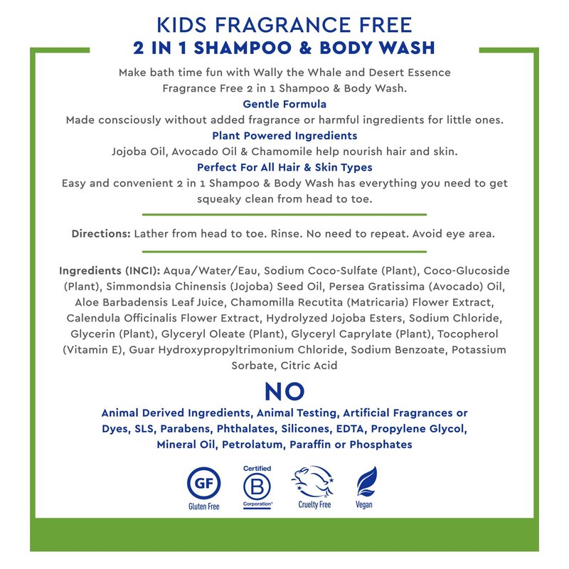 Desert Essence Kids Fragrance Free 2-in-1 Shampoo & Body Wash, Gentle Cleanser for Children’s Hair and Skin, Tear-Free Bath Wash for Kids, 12 fl oz