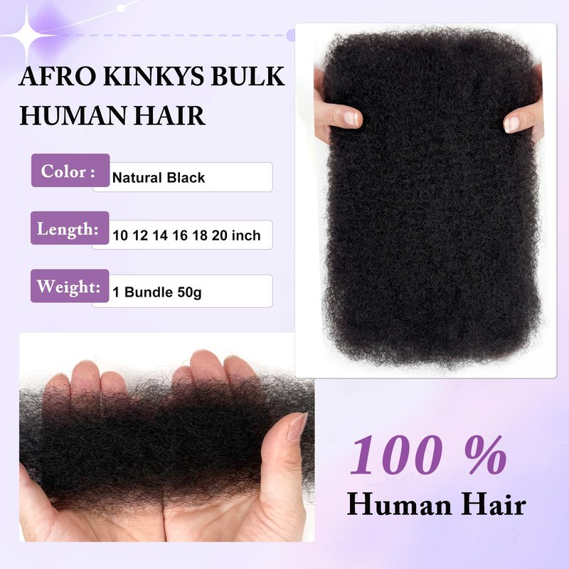 Bob Afro Kinkys Bulk Human Hair 10 Inch 50g Spring Twist Hair Afro Kinky-curly Human Hair Bulk for Twist 4C Kinkycurly Human Braiding Hair for Women Girl Kids Natural Black