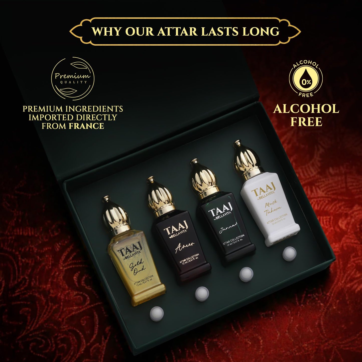 BELLAVITA Luxury Taaj Attar | Long Lasting Unisex Gift Set for Man and Woman 4x12ml | Caramel, Lemon, Cinnamon, and Musk | Non-Alcoholic Roll On | Oud, Floral, Musk | Attar for Men and Women