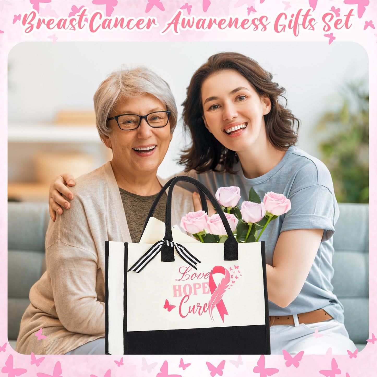 Capoda 7 Pcs Breast Cancer Gifts for Women Include Tote Bag Makeup Bag Glass Cup Card Sock Bracelet Crochet Flowers Breast Cancer Awareness Accessories Gifts Set Care Package for Survivor Patients