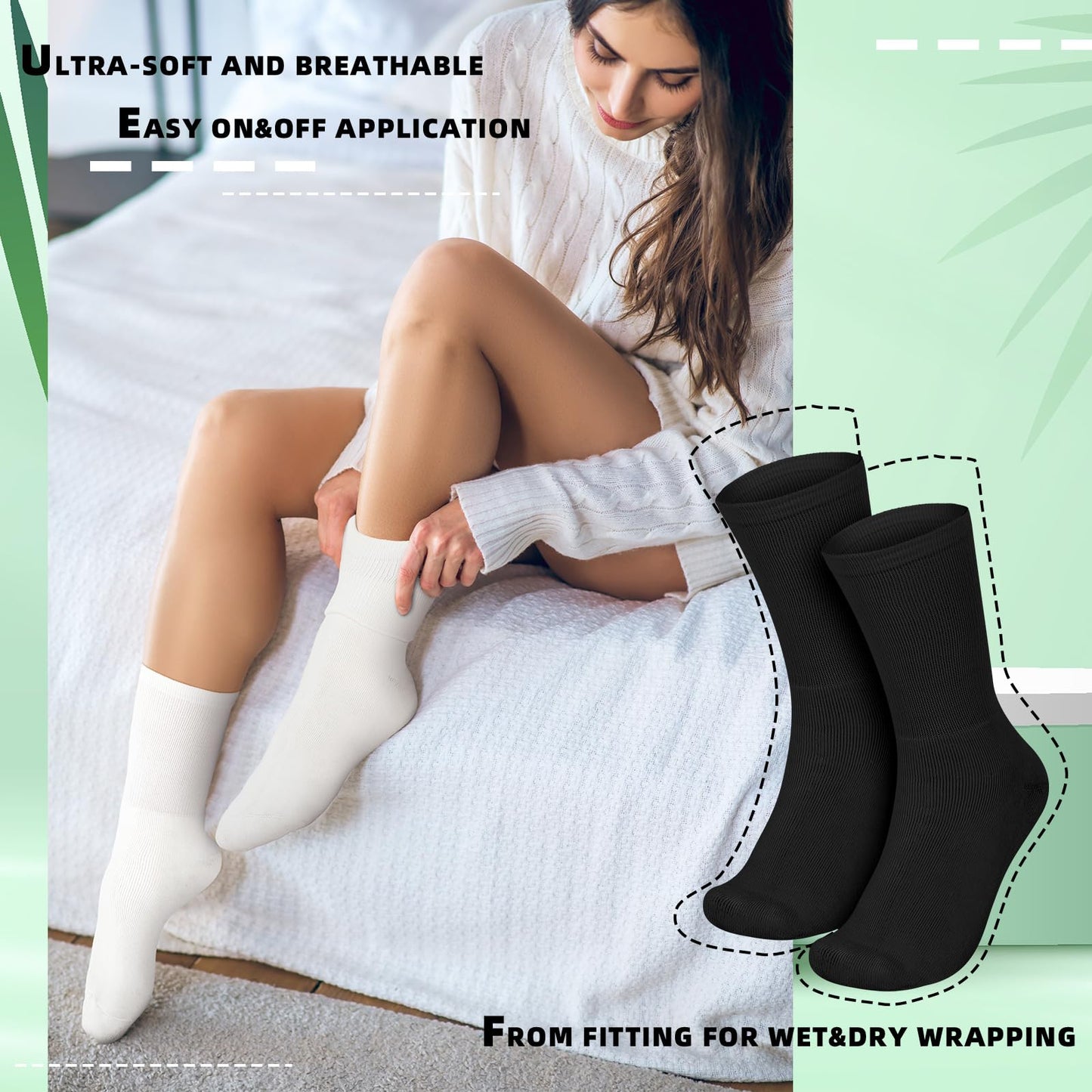 Silicherry 4 Pairs Cotton Soft Eczema Socks White and Black Hydrating Moisturizing Therapy Cotton Socks Eczema Relief for Adult Wet Wrap Non Itch Soft Feet Treatment