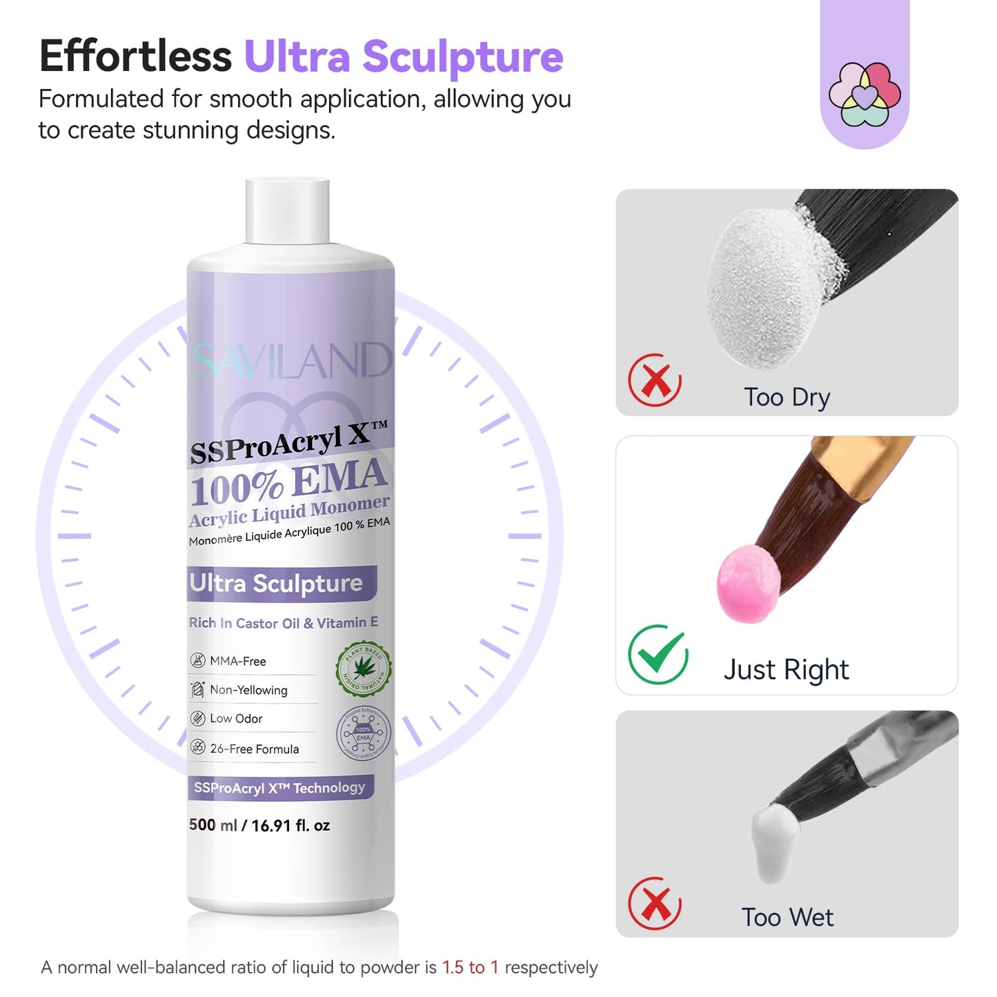 SAVILAND EMA Acrylic Liquid Monomer for DIY Nail Extensions, 16.91 oz