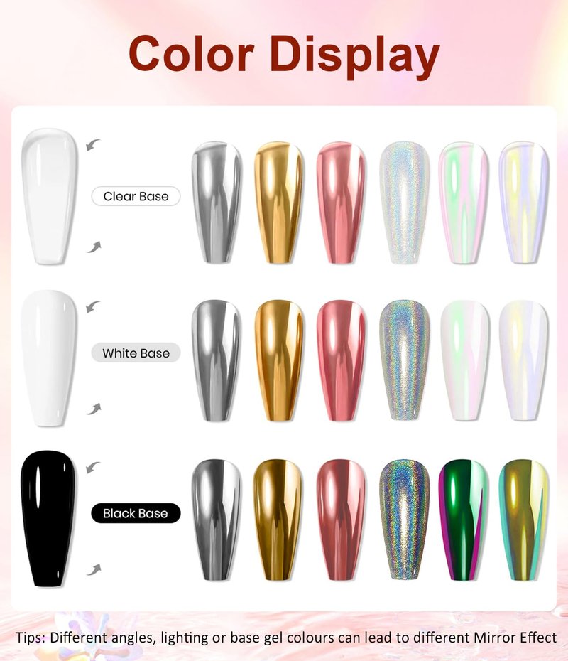 BISHENGYF Chrome Nail Powder Kit 6 PCS - Gold Chrome Nail Powder with Pearl Chrome & Effect,Metallic Mirror Holographic Nail Powder for Gel Nails DIY Home Salon Manicure White Silver Pink Blue