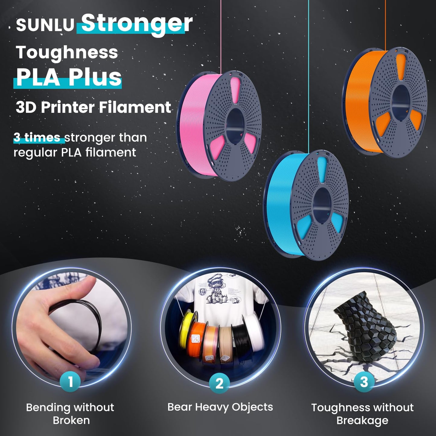 SUNLU PLA Plus Filament 1.75mm Black 1KG, Neatly Wound 3D Printer Filament 1.75mm, PLA+ 1000g, Dimensional Accuracy +/- 0.02 mm, Fit Most FDM 3D Printers, 1kg Spool (2.2lbs), Black
