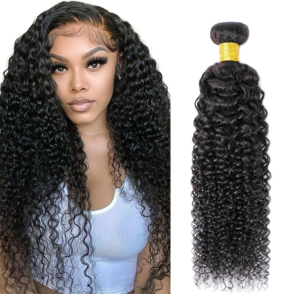 Curly Wave Human Hair Bundles 24 Inch Kinky Curly Single Bundle #1B Natural Black Human Hair Unprocessed Native Virgin Hair 100g Total Double Weft Crochet Human Hair Extensions for Women
