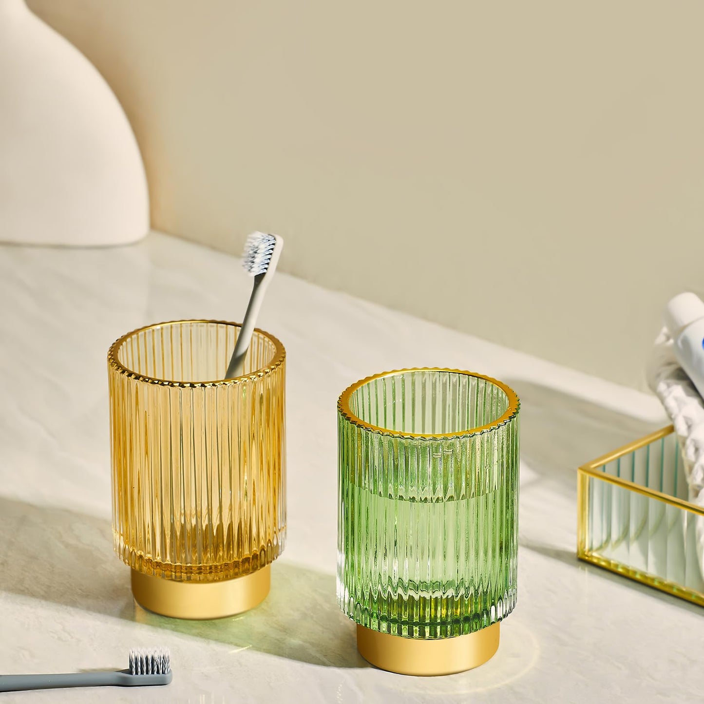 LEICURACE Makeup Brush Holder Organizer,Toothbrush Holders,Desk Pen Pencil Holder,Multifunctional Vintage Glass Brush Cup（S+L/Green/A3-1-US）