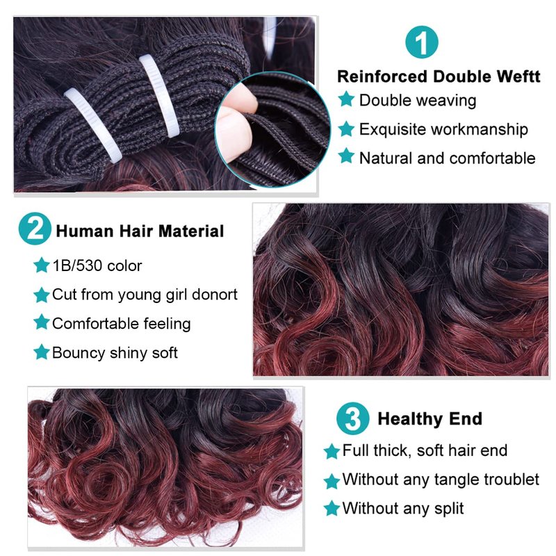 Ombre Hair Bundles 1B/530 Brazilian Short Curly Wavy Human Hair Bundles(8” 8” 8” 8” 8” 8” 8” 8”) 25g/bundle Unprocessed Short Bob Curly Hair Bundles Two Tone Ombre Weave Hair 8 Bundles Total 200g