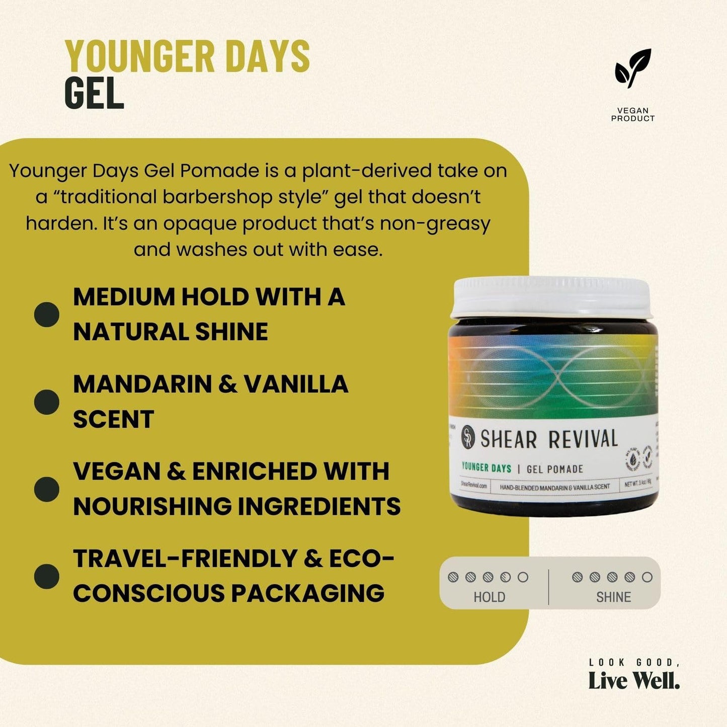 Shear Revival Younger Days Gel Pomade for Men & Women - Vegan, Medium Hold, Natural Finish for All Hair Types, Mandarin & Vanilla Scent, Travel Friendly 3.4oz and Eco-Conscious Packaging