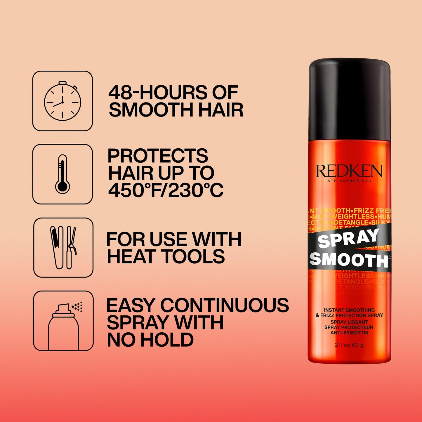 Redken Spray Smooth Anti Frizz Hair Spray | Frizz Control and Heat Protection | Instant Smoother | With Citric Acid | Paraben, Sulfate & Silicone-Free| 2 Oz