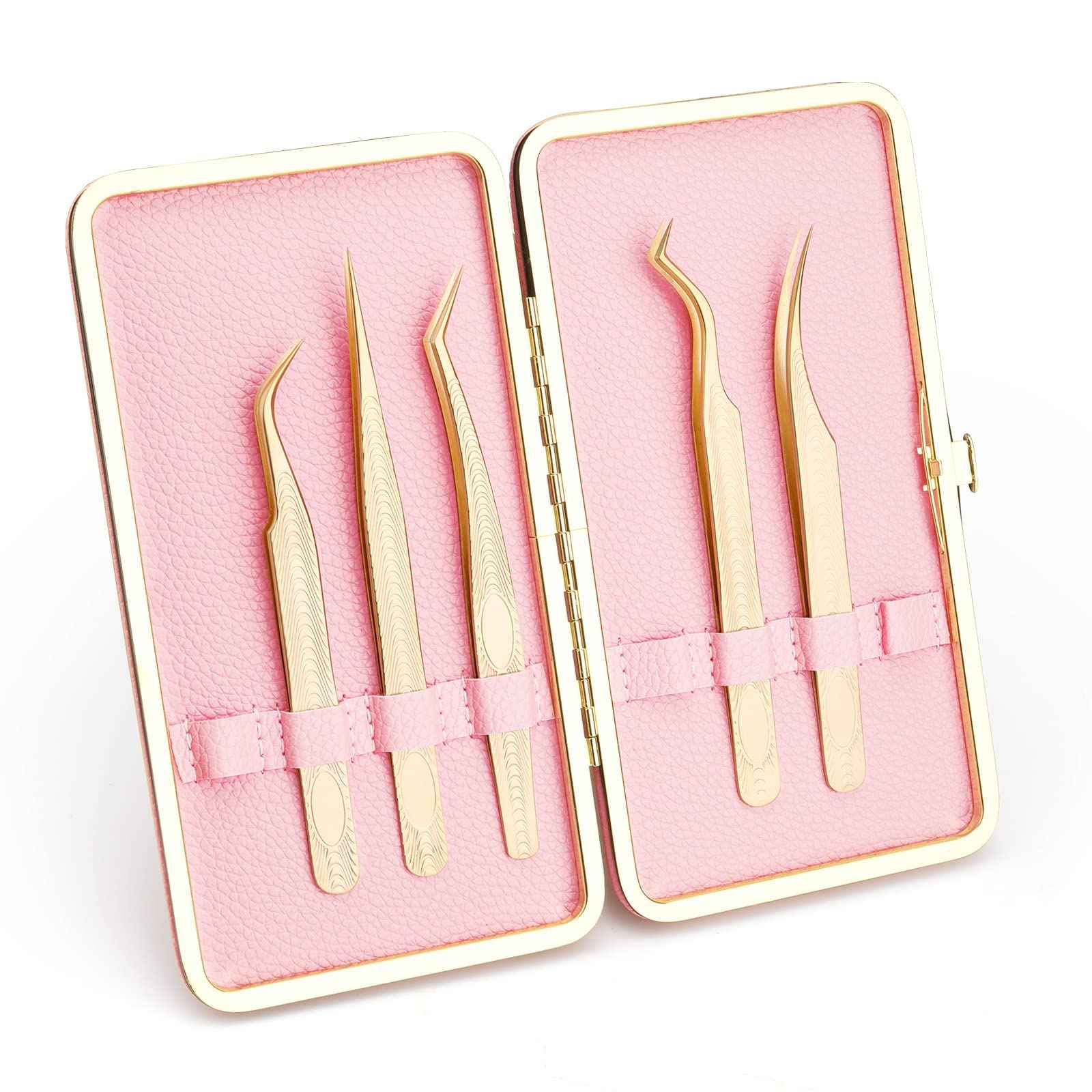 Miuffue 5 PCS Lash Extension Tweezers Set, Stainless Steel Professional Eyelash Extension Tweezers for Volume, Isolation and Classic Lashes