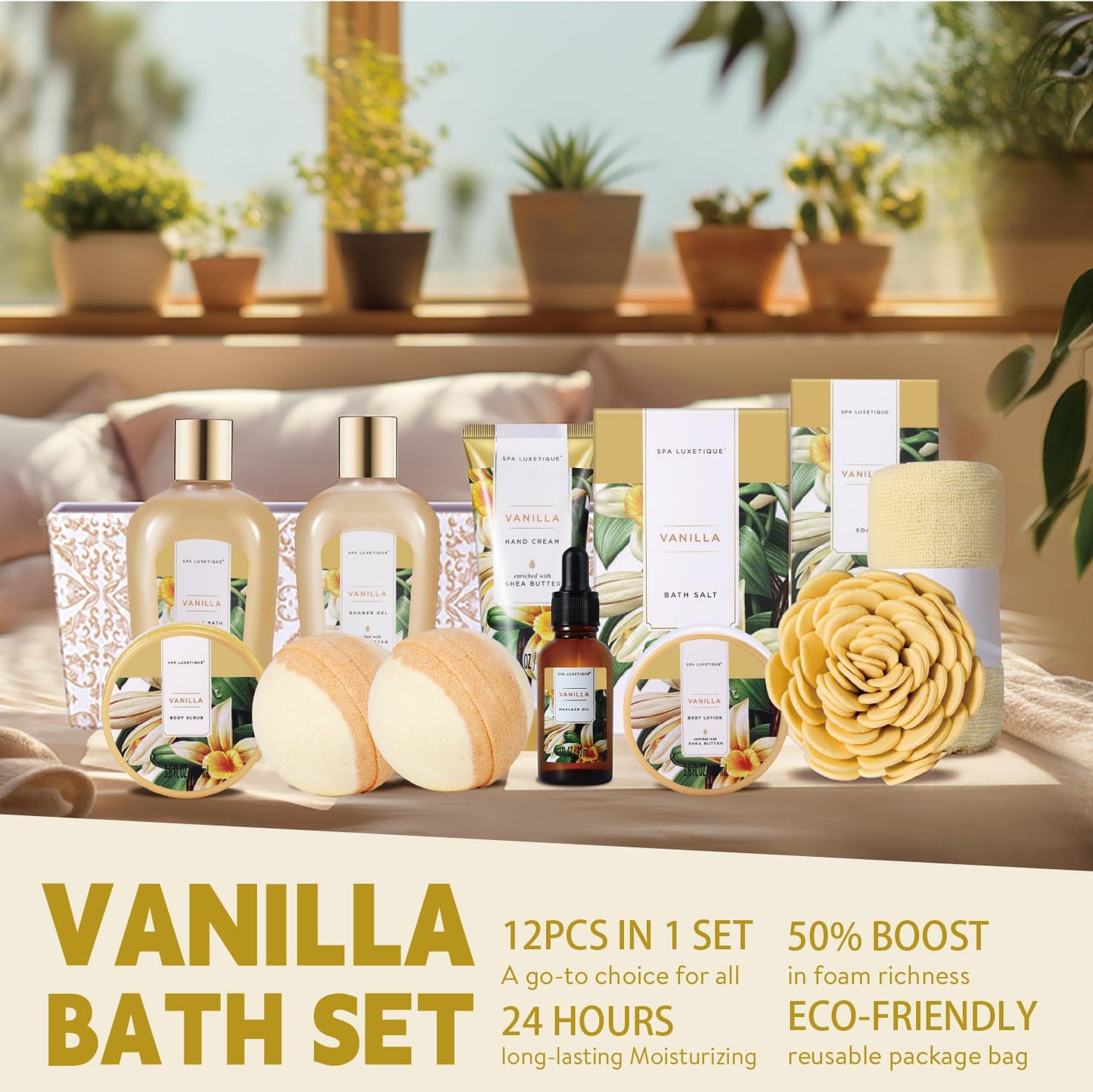 Spa Gift Baskets for Women, Luxetique Spa Kit for Women, 12pcs Vanilla Bath and Body Sets, Birthday Gifts, Self Care Gifts for Mom, Wife, Girlfriends