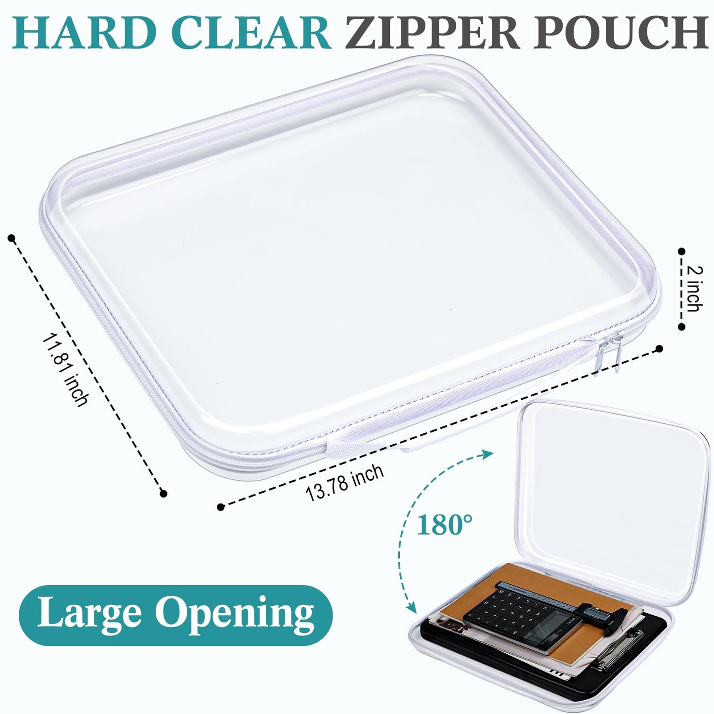 Sanwuta 4 Pcs Clear Hard Zipper Case with Handle Office Storage Cases Hard Plastic Pouches Transparent Bins for Crafts, Snacks, Cosmetics, Puzzles(13.8 x 11.8 x 2 Inches,White)
