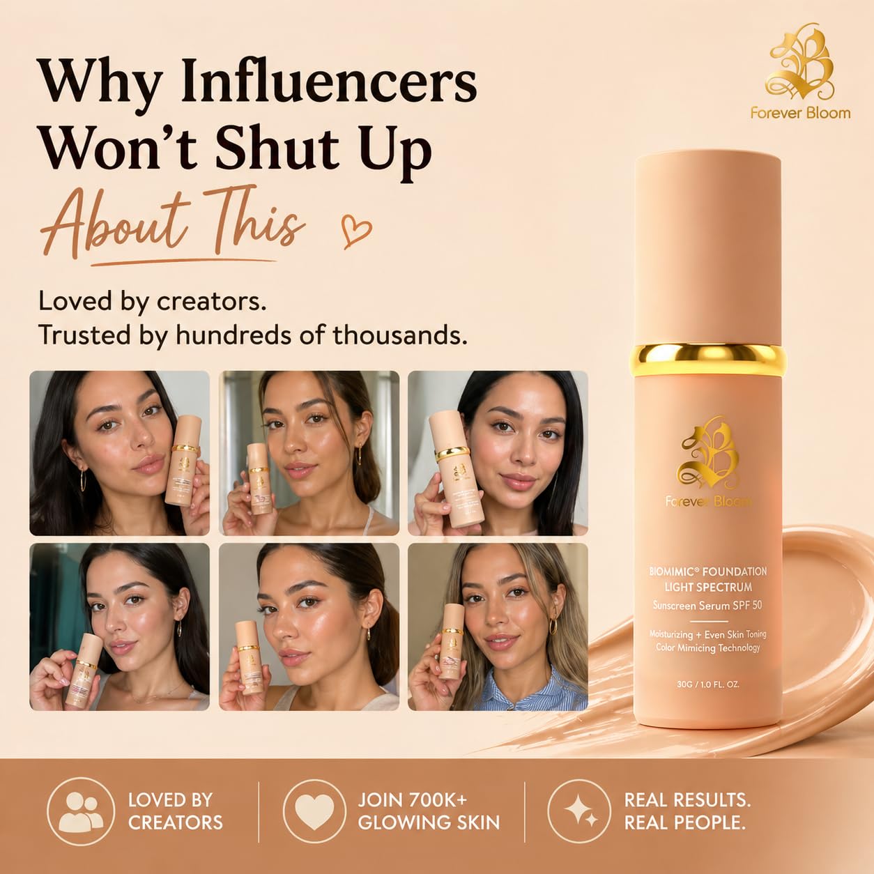 Forever Bloom Bio Mimic Foundation Light Spectrum SPF50 hydrates, conceals and evens tone with a lightweight, anti-aging finish for mature, sensitive skin—perfect for gym, sports or dance